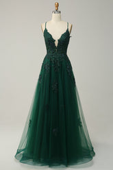 Dark Green A Line Prom Dress Tulle Appliques Long Evening Dress with Slit