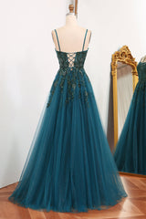 Dark Green A Line Prom Dress Tulle Long Appliqued Evening Dress With Slit
