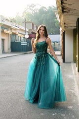 Dark Green A Line Prom Dress Tulle Long Appliqued Evening Dress With Slit