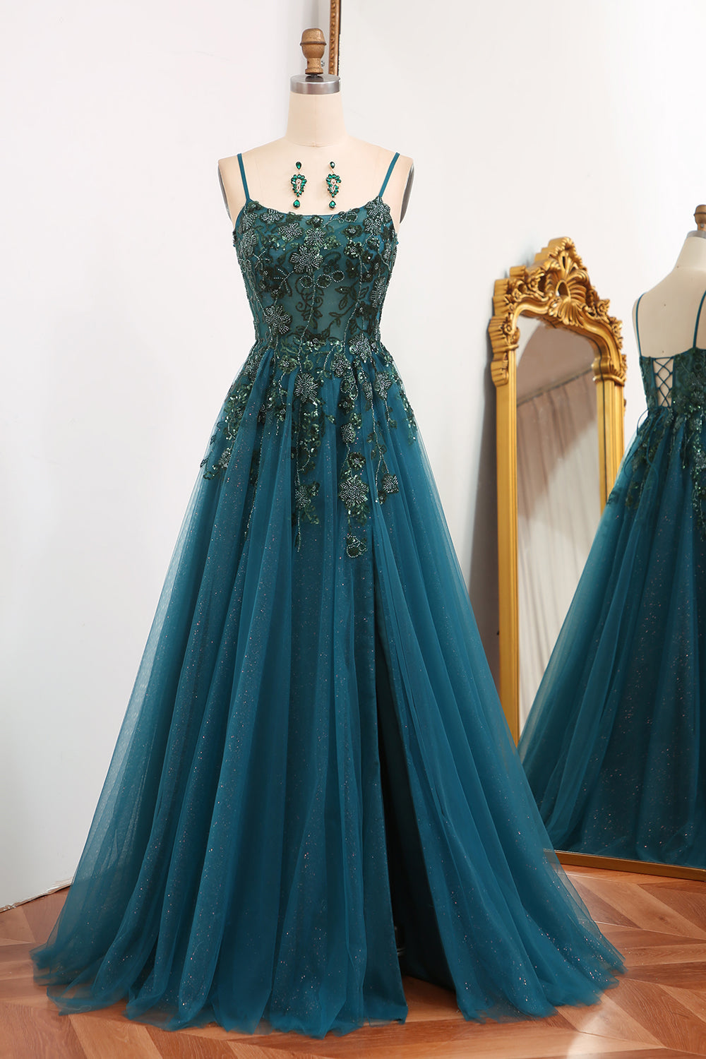 Dark Green A Line Prom Dress Tulle Long Appliqued Evening Dress With Slit