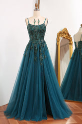Dark Green A Line Prom Dress Tulle Long Appliqued Evening Dress With Slit