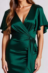 Dark Green Formal Dress Satin Short Sleeves V Neck Sheath Long Wedding Guest Dress