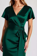 Dark Green Formal Dress Satin V-Neck Long Sheath Wedding Guest Dress With Short Sleeves