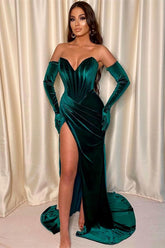 Dark Green Front Split V Neck Sleeveless Velvet Mermaid Evening Dress