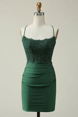 Dark Green Homecoming Dress Beaded Short Tight Cocktail Party Dresses with Appliques