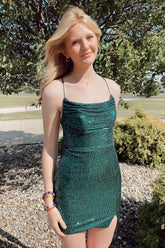Dark Green Homecoming Dress Sequin Lace-Up Back Tight Short Prom Dress with Slit