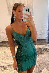 Dark Green Homecoming Dress Sequin Tight Short Cocktail Dresses with Appliques