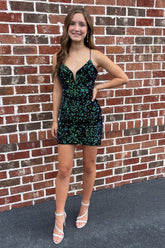 Dark Green Homecoming Dress Sequined Tight Short Prom Dress