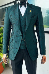 Dark Green Jacquard Notched Lapel 3 Piece Fancy Prom Suit