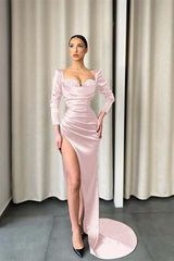 Dark Green Long Sleeve Evening Dress with Sequin Split