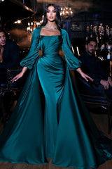 Dark Green Long Sleeves Floor Length Mermaid Prom Dress With Detachable Train