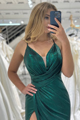 Dark Green Mermaid Long Prom Dress With Slit