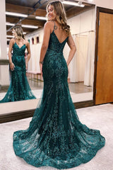 Dark Green Mermaid Sequin Long Prom Dress