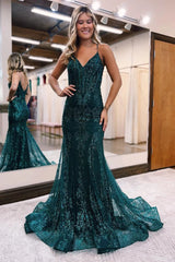 Dark Green Mermaid Sequin Long Prom Dress