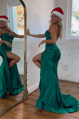 Dark Green Mermaid Sweetheart Long Prom Dress Satin with Slit
