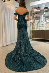 Dark Green Off the Shoulder Prom Dress Mermaid Evening Dress with Slit