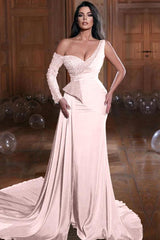 Dark Green One Shoulder Long Sleeves Mermaid Evening Dress with Ruffles