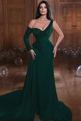 Dark Green One Shoulder Long Sleeves Mermaid Evening Dress with Ruffles