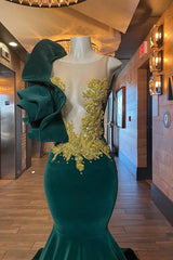 Dark Green One Shoulder Mermaid Evening Dress with Sleeveless Appliques