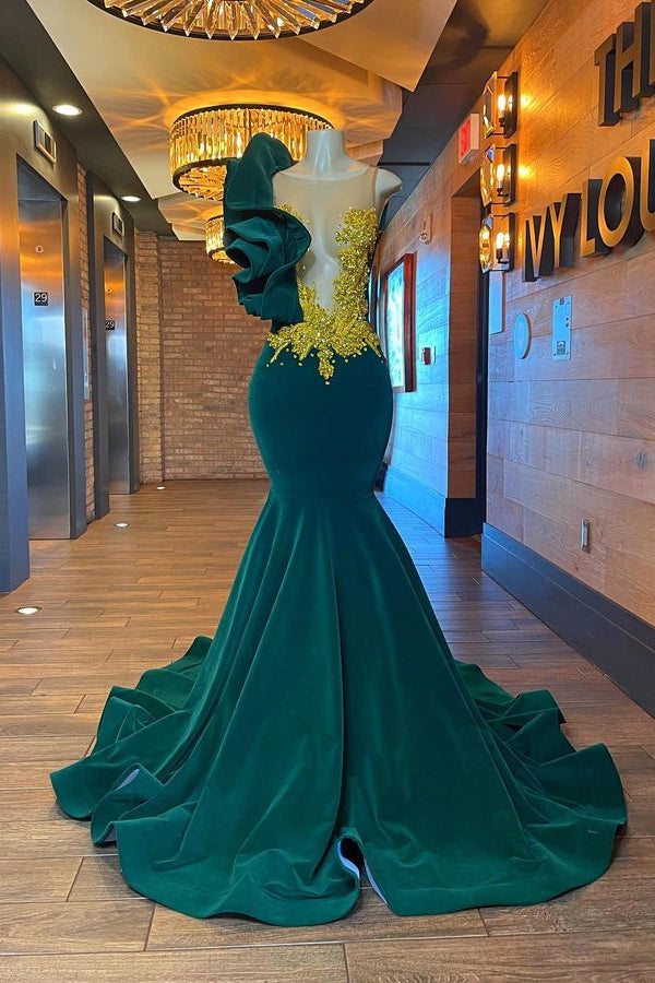 Dark Green One Shoulder Mermaid Evening Dress with Sleeveless Appliques