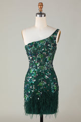 Dark Green One Shoulder Sequined Short Homecoming Dress with Feathers