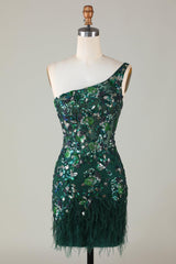 Dark Green One Shoulder Sequined Short Homecoming Dress with Feathers