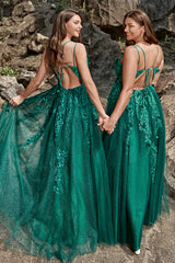 Dark Green Prom Dress A Line Long Tulle Evening Dress with Appliques