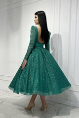 Dark Green Prom Dress A Line Sequined Ankle Length Formal Dress With Sleeves