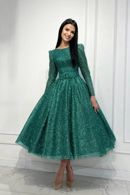 Dark Green Prom Dress A Line Sequined Ankle Length Formal Dress With Sleeves