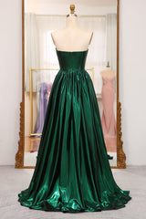 Dark Green Prom Dress A Line Strapless Long Pleated Evening Dress