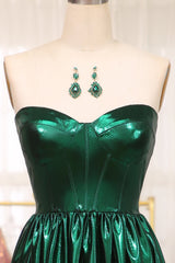 Dark Green Prom Dress A Line Strapless Long Pleated Evening Dress