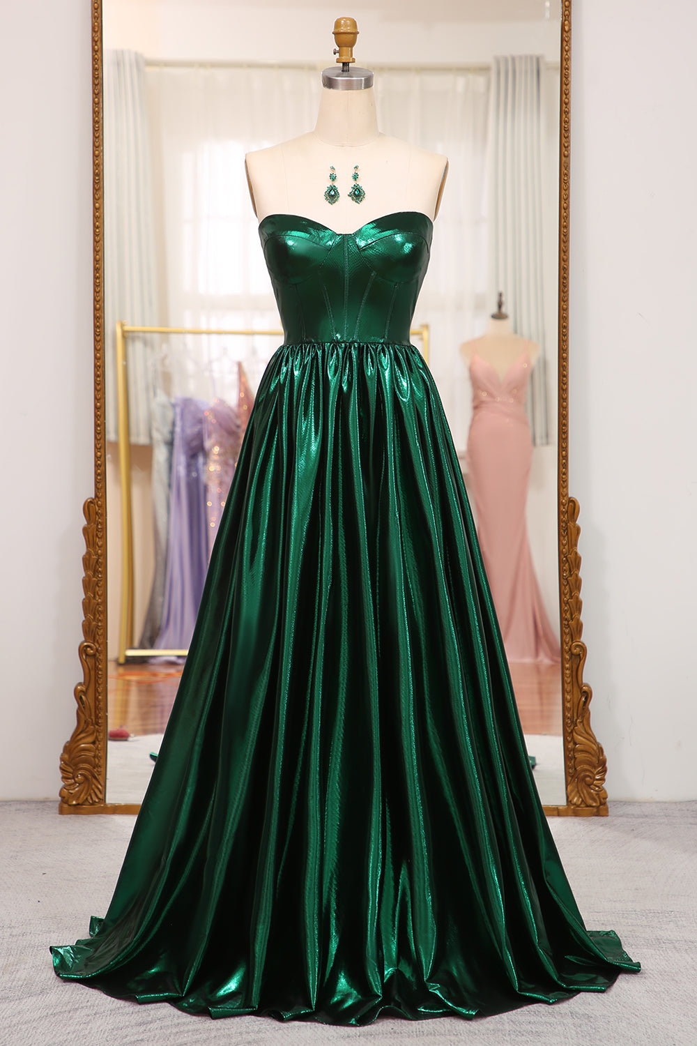 Dark Green Prom Dress A Line Strapless Long Pleated Evening Dress