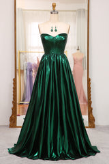 Dark Green Prom Dress A Line Strapless Long Pleated Evening Dress