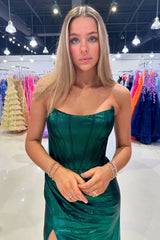Dark Green Prom Dress Corset Metallic Long Formal Dress With Slit