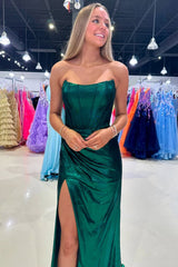 Dark Green Prom Dress Corset Metallic Long Formal Dress With Slit