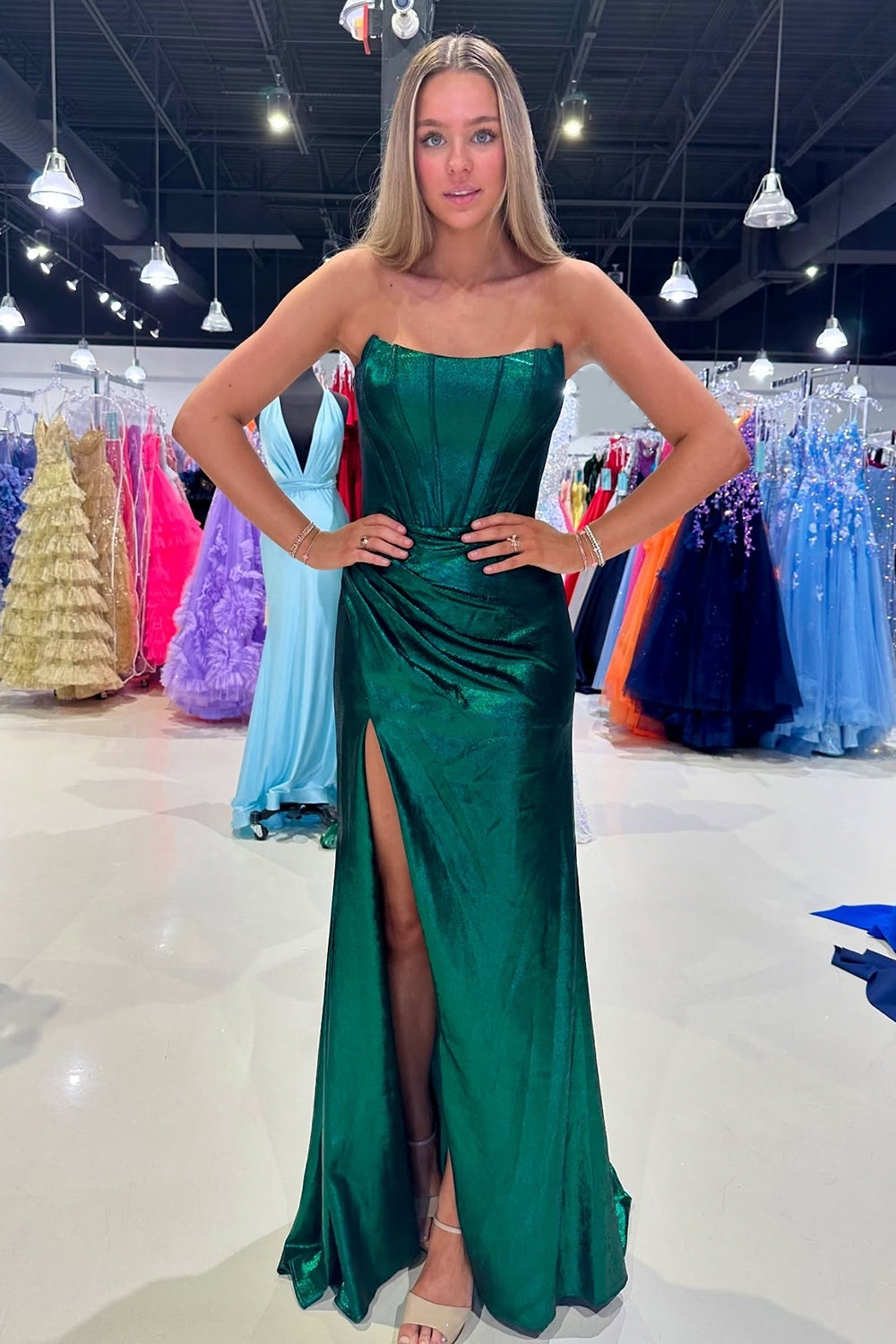 Dark Green Prom Dress Corset Metallic Long Formal Dress With Slit
