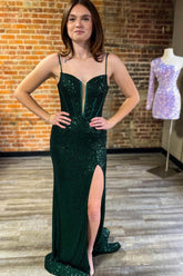 Dark Green Prom Dress Corset Sequined Long Mermaid Evening Dress
