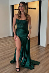 Dark Green Prom Dress Corset Strapless Long Formal Dress With Slit