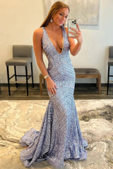 Dark Green Prom Dress Deep V Neck Sequin Mermaid Evening Dress