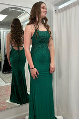 Dark Green Prom Dress Mermaid Beaded Lace-Up Back Long Formal Dress