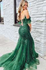 Dark Green Prom Dress Mermaid Long Lace Evening Dress with Feathers