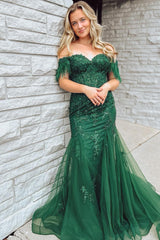 Dark Green Prom Dress Mermaid Long Lace Evening Dress with Feathers