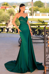 Dark Green Prom Dress Mermaid Sleeveless Beading Satin Formal Dress