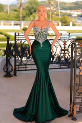 Dark Green Prom Dress Mermaid Spaghetti Straps Satin Formal Dress With Rhinestones