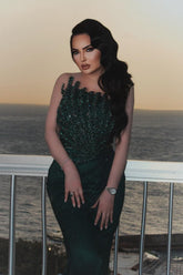 Dark Green Prom Dress Mermaid Strapless Beaded Sleeveless Formal Dress With Rhinestones