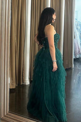 Dark Green Prom Dress Ruffled Sweetheart Long Evening Dress with Slit