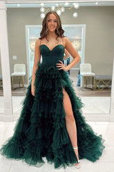 Dark Green Ruffled Prom Dress Tiered Corset A Line Long Evening Dress with Slit