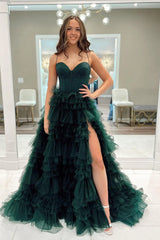 Dark Green Ruffled Prom Dress Tiered Corset A Line Long Evening Dress with Slit