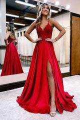 Dark Green Satin A Line Appliques Prom Dress with Slit