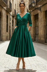 Dark Green Satin A-Line Mother of the Bride Dress with Pleated Bodice